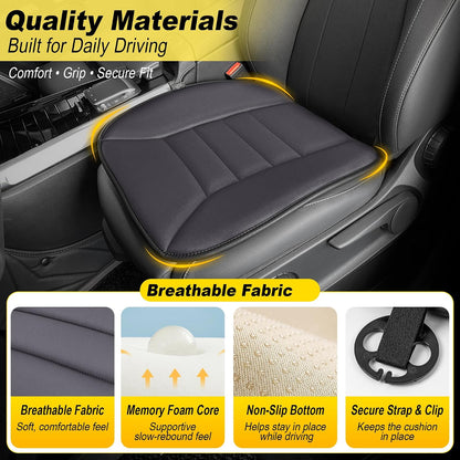 kingphenix Memory Foam Car Seat Cushion for Driver and Office Chair Comfort | 1.2-Inch-Thick Memory Foam Seat Pad, Soft, Breathable Fabric, Non-Slip Silicone Bottom for Long Drives and Office Use, Black