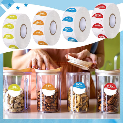 Sayglossy 7000 Pcs Day of Week Label Food Label Monday Through Sunday Management Inventory Sticker Removable Weekly Self Adhesive Date Dot Sticker for Restaurant Kitchen Container (Square)