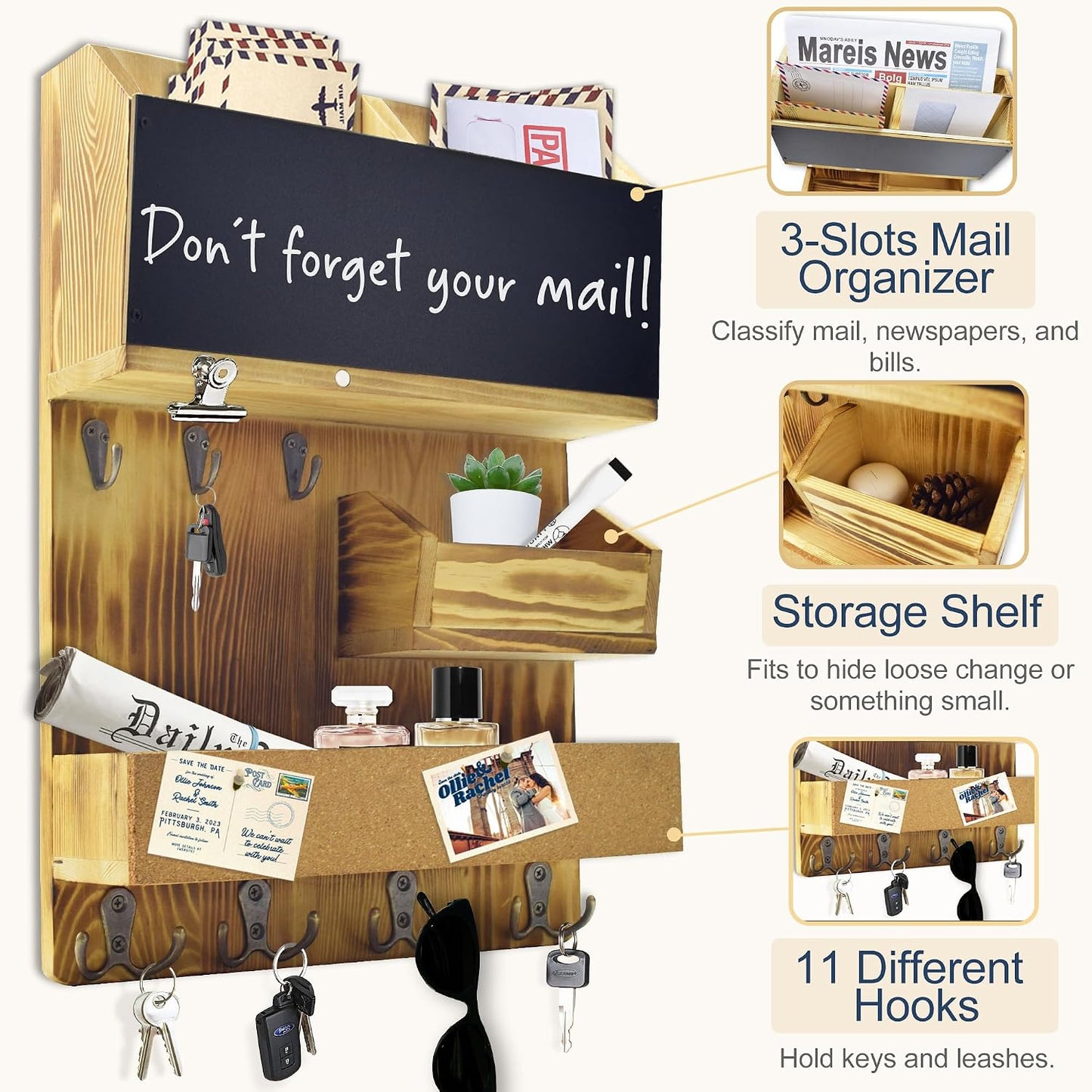Key Holder for Wall Mount with Shelf and Mail Organizer, Key and Mail Holder with 16 Hooks, Farmhouse Entryway Organizer, Home Decor Rack (Pine Wood, White Washed)