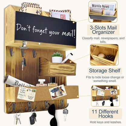 Key Holder for Wall Mount with Shelf and Mail Organizer, Key and Mail Holder with 16 Hooks, Farmhouse Entryway Organizer, Home Decor Rack (Pine Wood, White Washed)