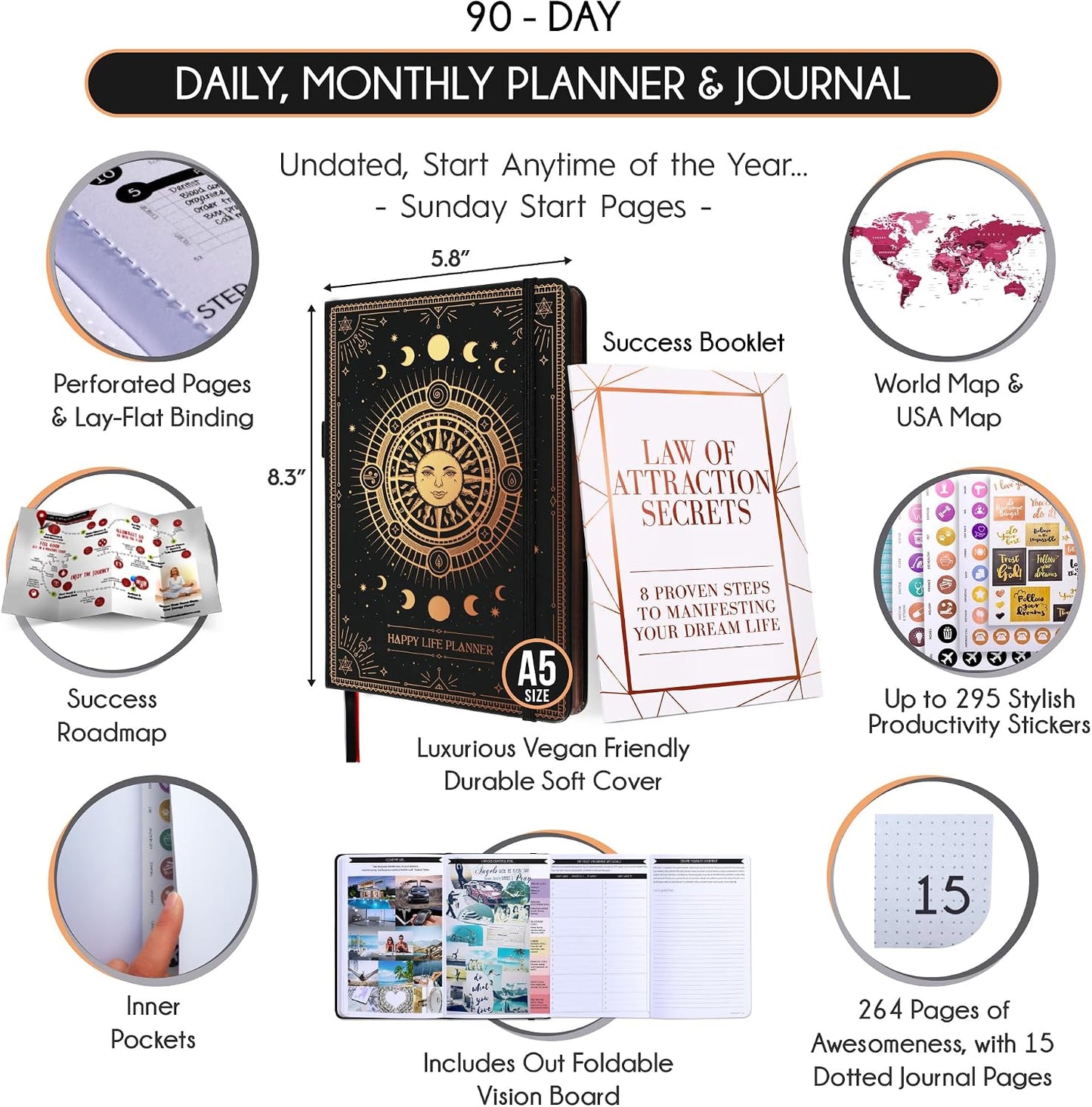 Freedom Mastery Daily Journal of Gratitude, Productivity & Habit Tracker | Undated 90-Day Planner with Daily Reflection, Mindfulness, Positivity, Vision Board & Stickers, Gratitude Journal for Women