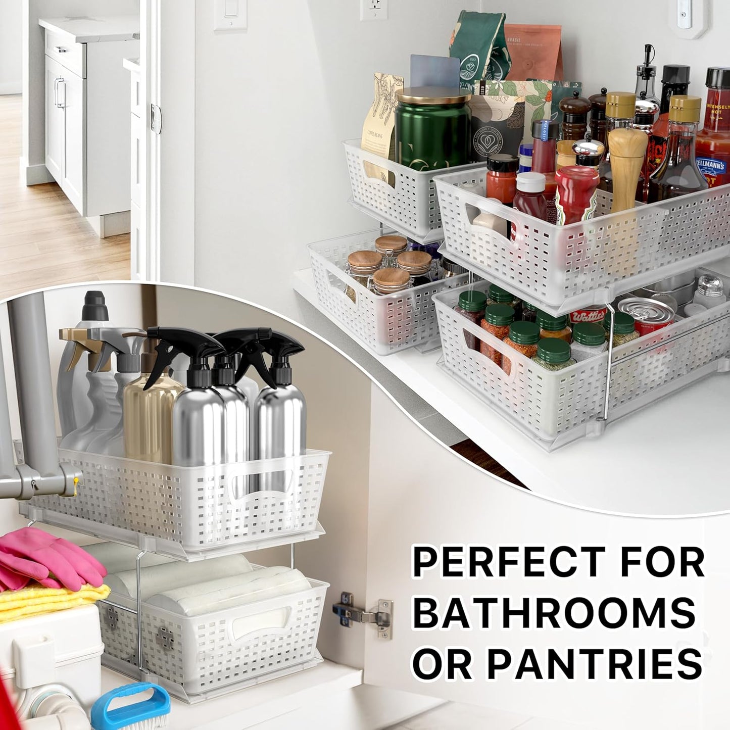 Simple Houseware 2 Tier Pull-Out Sliding Drawer Under Sink Storage, White | Great for Kitchen Bathroom Tray Shelf Organizer