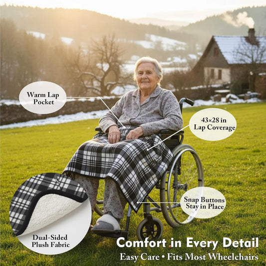 Wheelchair Lap Blanket for Seniors, 43" * 28" Soft Sherpa Lined Knee & Lap Cover, Warm Lightweight Throw with Snap Buttons, Cozy Comfort for Elderly & Caregivers, Wine Red