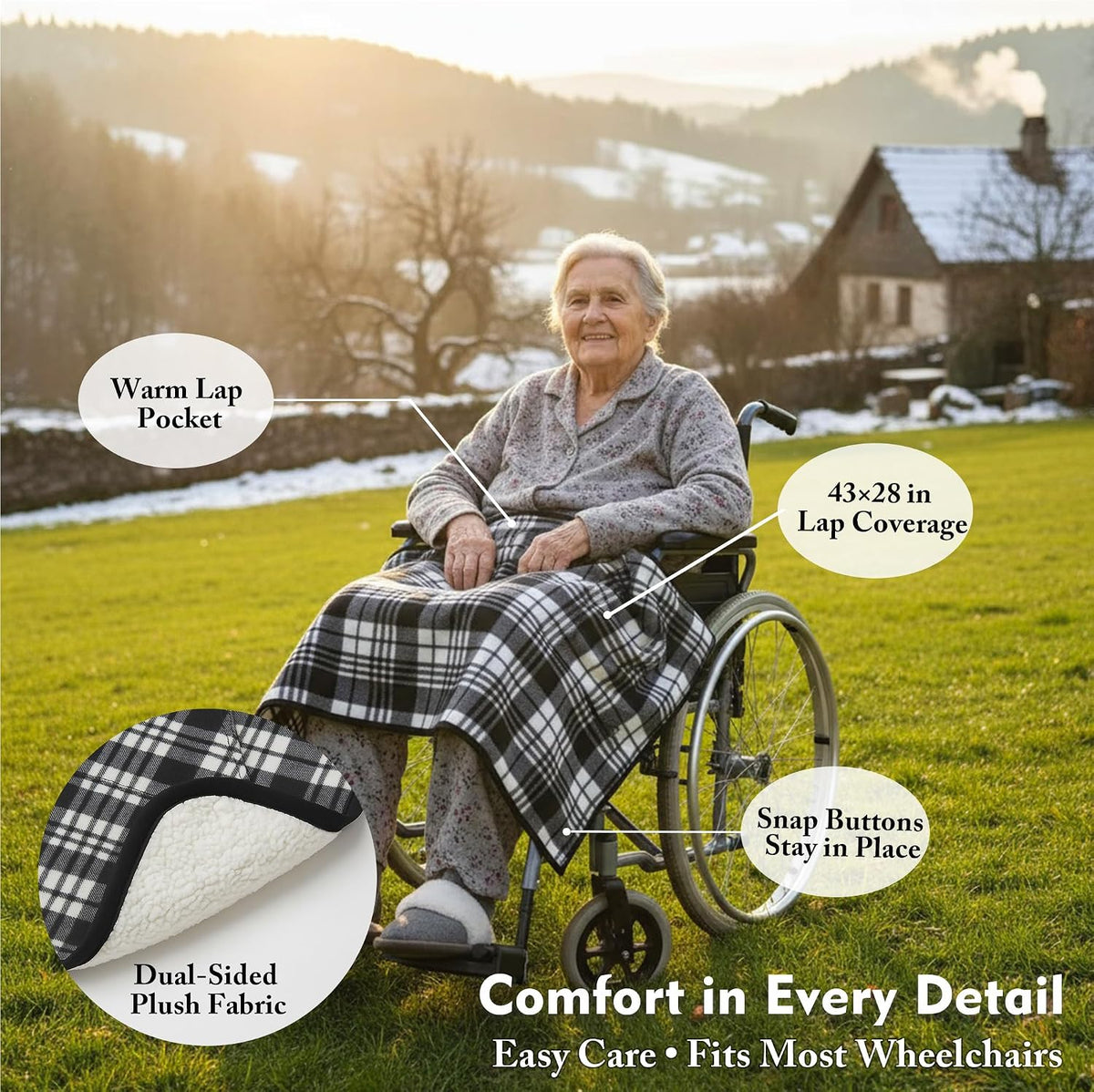 Wheelchair Lap Blanket for Seniors, 43" * 28" Soft Sherpa Lined Knee & Lap Cover, Warm Lightweight Throw with Snap Buttons, Cozy Comfort for Elderly & Caregivers, Wine Red