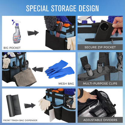 SCAVATA Wearable Cleaning Caddy, Cleaning Caddy Supplies Organizer with Handle & Shoulder Straps for Housekeepers, Under Sink & Car Cleaning Tool Organizers Bag with 4 Foldable Divider (NavyBlue)