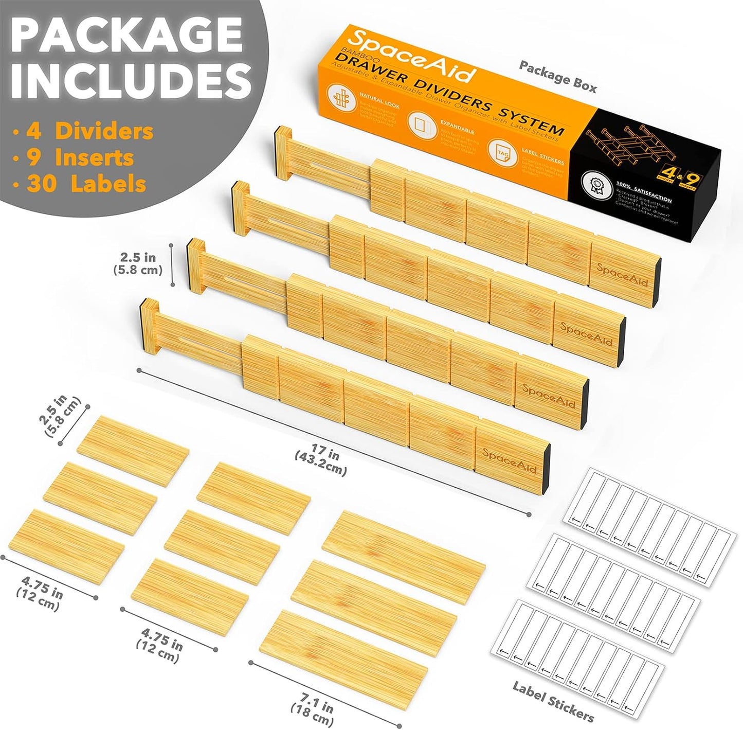 SpaceAid Bamboo 13.25-17“ Drawer Dividers (Need 2.35" Deep Drawer) Kitchen Adjustable Organizers, Expandable Organization for Home, Office, Dressers, 4 Dividers with 9 Inserts