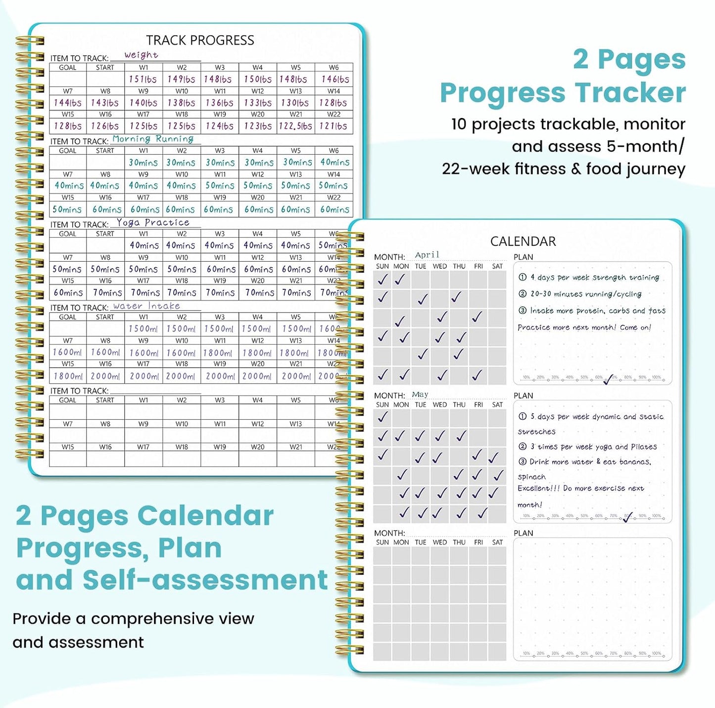 Fitness & Food Journal for Women, Undated 150-day Workout & Wellness Planner with Measuring Tape, Pink Weight Loss Journal for Setting Goals Tracking Exercise Training Diet Progress (9.5’’*7’’)