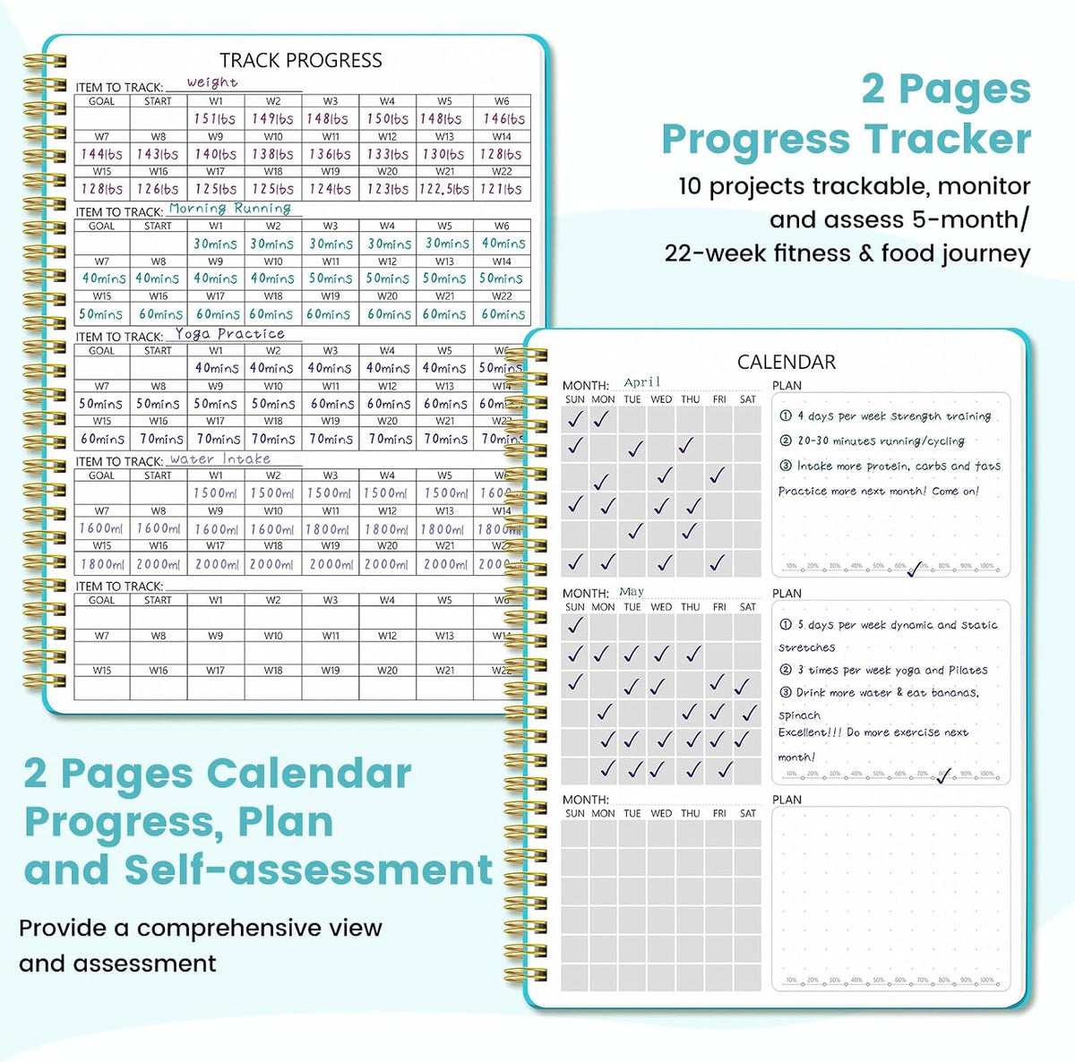 Fitness & Food Journal for Women, Undated 150-day Workout & Wellness Planner with Measuring Tape, Pink Weight Loss Journal for Setting Goals Tracking Exercise Training Diet Progress (9.5’’*7’’)