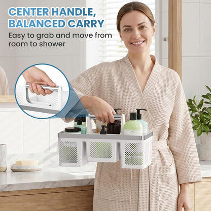 BYUNER Portable Cleaning & Shower Caddy with Handle: Rigid Plastic Basket with 4 Divided Compartments, All-Side Drainage for College Dorm, Bathroom & Utility Use, Black/Gold