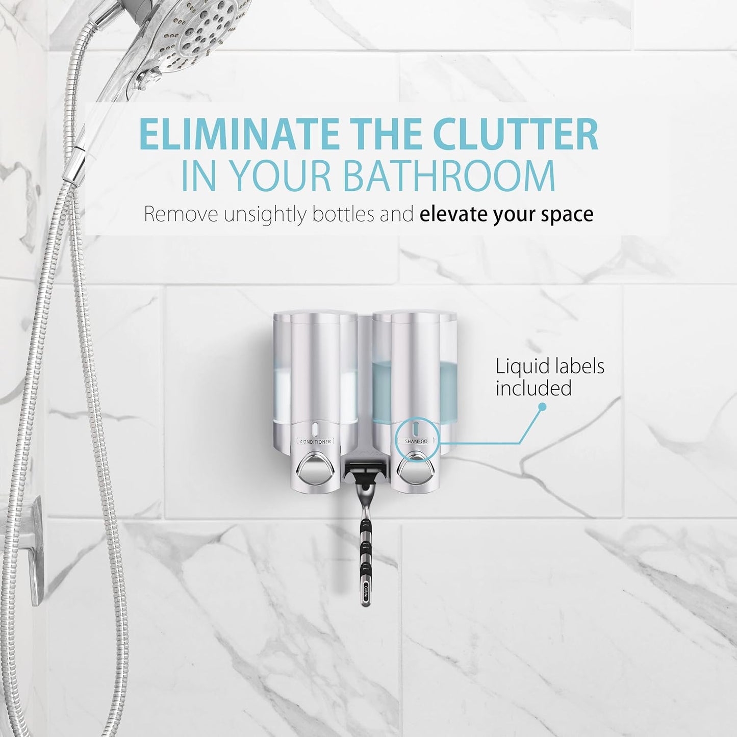 Better Living Aviva Wall Mount Shower Dispenser, 3 x 11 oz, Satin Silver | 3 Chamber, Shower Dispenser for Bathroom, Built-in Hooks, No Drill, Waterproof Dispenser Pump