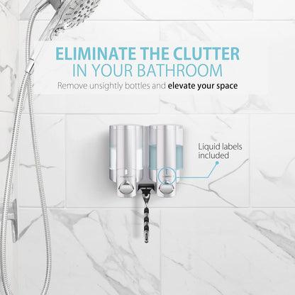 Better Living Aviva Wall Mount Shower Dispenser, 3 x 11 oz, Satin Silver | 3 Chamber, Shower Dispenser for Bathroom, Built-in Hooks, No Drill, Waterproof Dispenser Pump