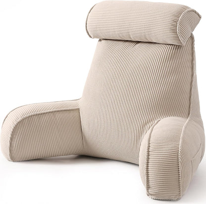 Reading Pillow for Sitting Up in Bed, Corduroy Backrest Pillow with Arms, Side Pocket & Washable Cover, Bed Rest Pillow Back Support for Adults, Beige Gray