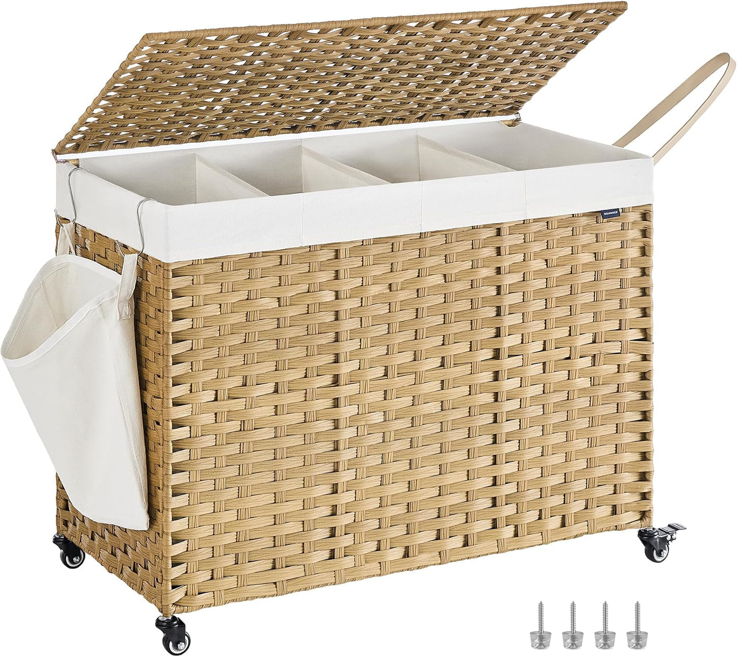 SONGMICS Laundry Hamper with Lid, 42.3 Gallons (160 L), Rolling Laundry Basket with Wheels, 3-Section Synthetic Rattan, Removable Liner, Bedroom, 29.9 x 13 x 26 Inches, Natural ULCB365N01