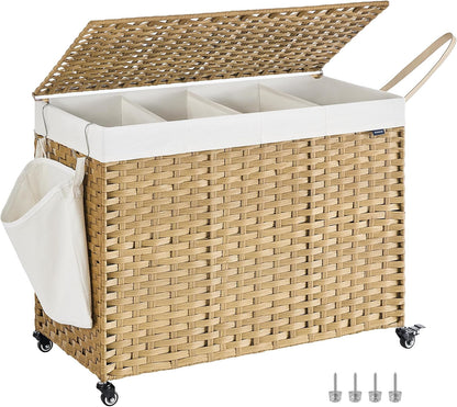 SONGMICS Laundry Hamper with Lid, 42.3 Gallons (160 L), Rolling Laundry Basket with Wheels, 3-Section Synthetic Rattan, Removable Liner, Bedroom, 29.9 x 13 x 26 Inches, Natural ULCB365N01