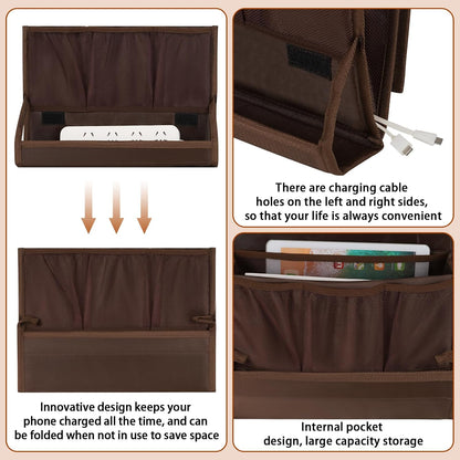 Bedside Caddy Organizer for Dorm Bed Rails with 7 Pockets, Gray | Bed Pockets Bedside Storage with Power Strip Holder & 2 Adjustable Straps for Home, College, Dorm, Hospital Bedside Organizer