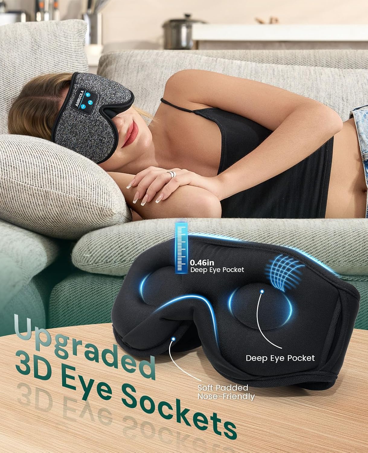 3D Sleep Mask with Bluetooth Headphones, Wireless Sleep Headphones for Side Sleepers, Noise Cancelling Eye Mask for Nap, Soft Sleeping Mask for Women Men, Blackout Sleep Mask with Built-in Speakers