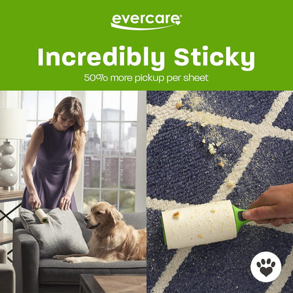 Evercare Pet Hair Lint Rollers All Purpose Use 100 Easy-Tear Sheets Per Roll Reusable Sticky Roller Pets Cat & Dog Hair Remover Contoured Handle For Furniture Clothing & Cars, Set of 3, Green