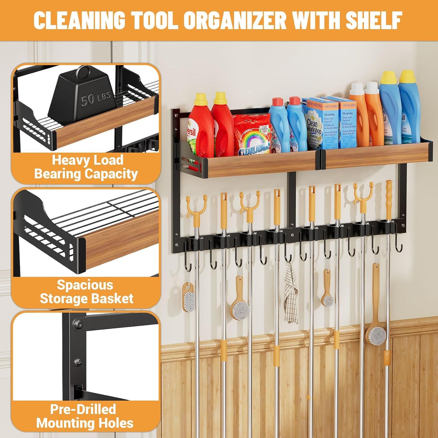 Broom and Mop Organizer Wall Hanging, Broom Holder Wall Mount with Cleaning Supplies Organizer, Broom Hanger Wall Mount with Storage Shelf and Hooks for Laundry Room Garage Kitchen