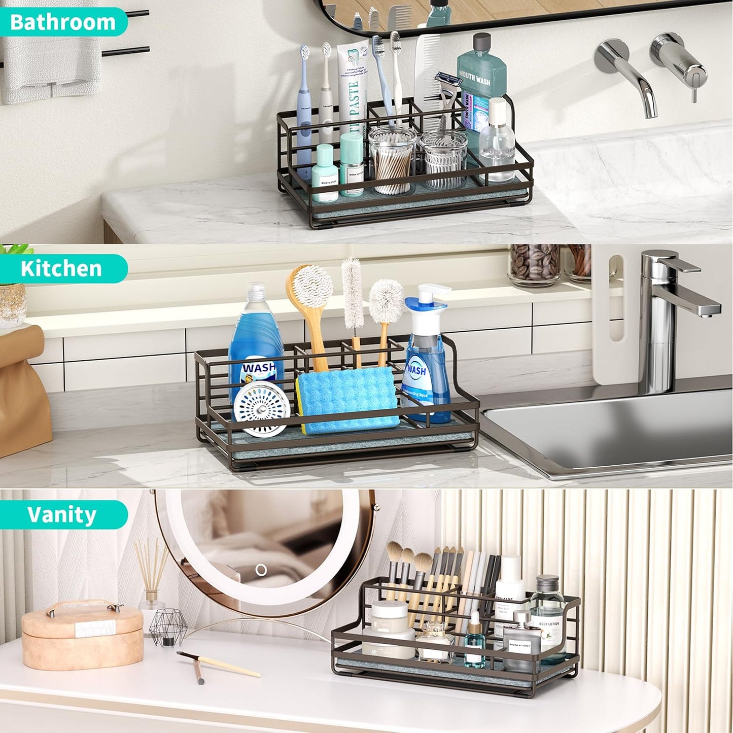 HapiRm Toothbrush Holders for Bathroom - 5 Partitions Bathroom Counter Organizer with Instant Drying Stone, Stainless Steel Countertop Storage Electric Toothbrush Toothpaste Holder - Black