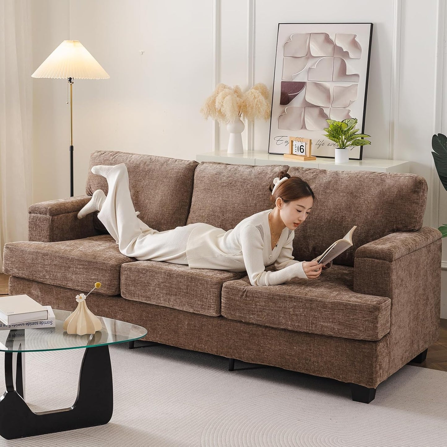 85'' L Shaped Couch with Armrest Organizer,Sectional,Movable Ottoman,Khaki | Comfy Sectional Sofa with Thick Cushion,3 Seats Sofas,Sectional Couches for Living Room,Bedroom,Apartment,Chenille