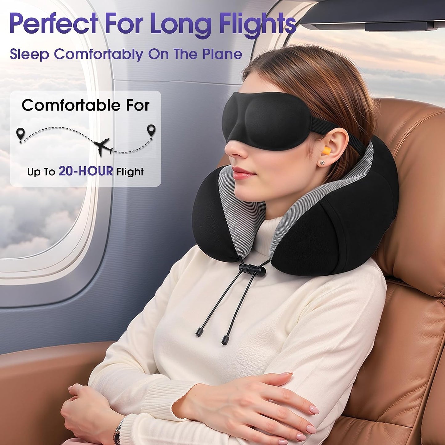 CloudBliss Neck Pillow for Airplanes, Memory Foam Travel Pillow, Black | Compact Flight Pillow with Eye Mask, Earplugs, Carry Bag, Travel Neck Pillow for Long Flight Sleep, Plane Travel Essentials