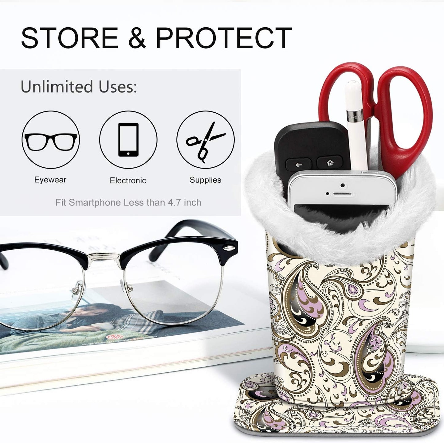 FINTIE Plush Lined Eyeglasses Holder, Glasses Stand Case For Nightstand | Soft Plush Lining, Bedside Eyeglasses Holder, Office Desktop Organizer, Small Item Storage, Anti-Scratch - Colors A