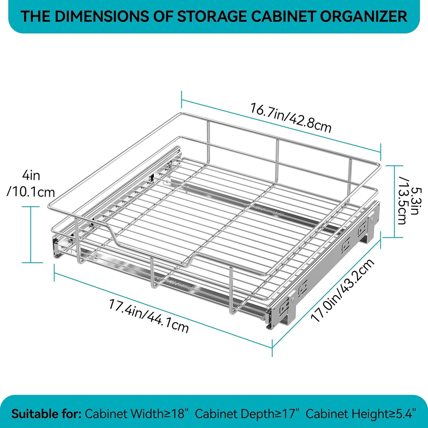 Pull Out Cabinet Organizer 15" W X 22" D, Chromed, Full Slide Out Drawers | For Kitchen Organizers and Storage, Pull Out Drawers For Cabinets Capacity Heavy Duty Caddy, Cabinet Shelves, Bathroom Pantry
