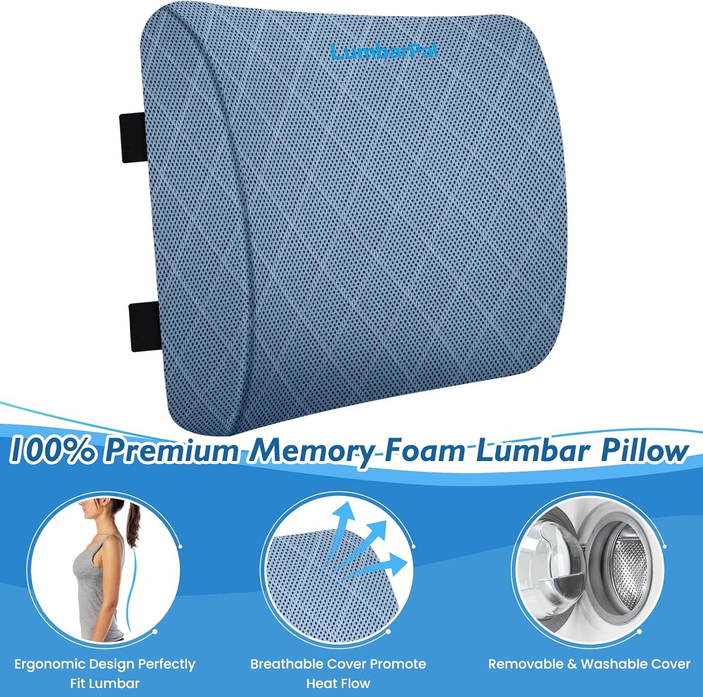 Lumbar Support Pillow for Office Chair, Back Support, Memory Foam, Grey | Improve Sitting Posture & Back Pain Relief. Lumbar Pillow Fits Office, Gaming & Car Chairs with Adjustable Dual Straps