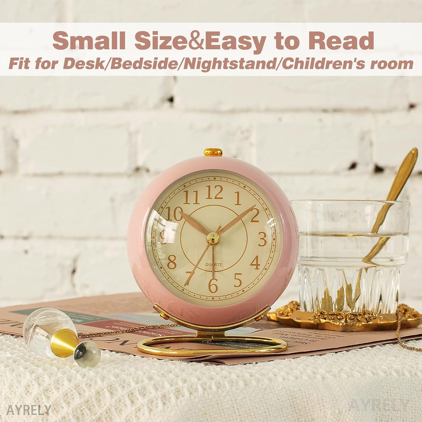 AYRELY® Battery Operated Analog Desk Alarm Clock with Light, Table Clock | Retro Aesthetic Clock with Silent Non-Ticking Movement for Bedside, Bedroom, Kitchen, Office, Travel & Kids' Room(Light Pink)
