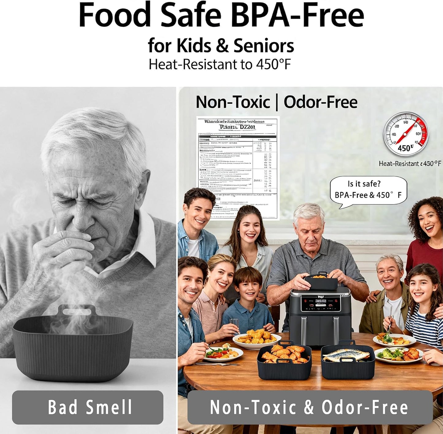 Silicone Air Fryer Liners for Ninja - Reusable DZ201 8QT Dual Basket - Rectangular 2-Pack Vacuum-Packed Easy-Clean Dishwasher-Safe Food-Safe for Home Chefs - Housewarming Gifts