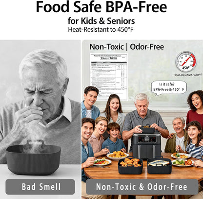Silicone Air Fryer Liners for Ninja - Reusable DZ201 8QT Dual Basket - Rectangular 2-Pack Vacuum-Packed Easy-Clean Dishwasher-Safe Food-Safe for Home Chefs - Housewarming Gifts
