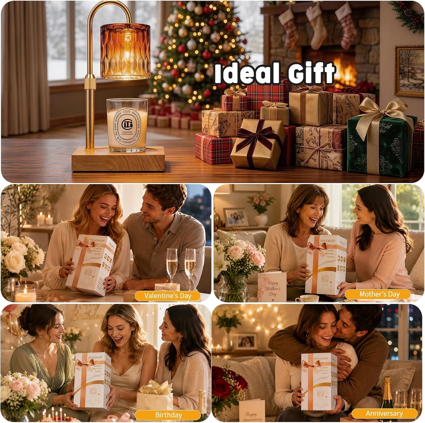 Candle Warmer Lamp with 3 Bulbs, Adjustable Height Dimmable Candle Warmer with Timer, Candle Lamp with Charming Gift Box Ribbon,Birthday Gifts for Women Mom, House Warming Gifts New Home Decor