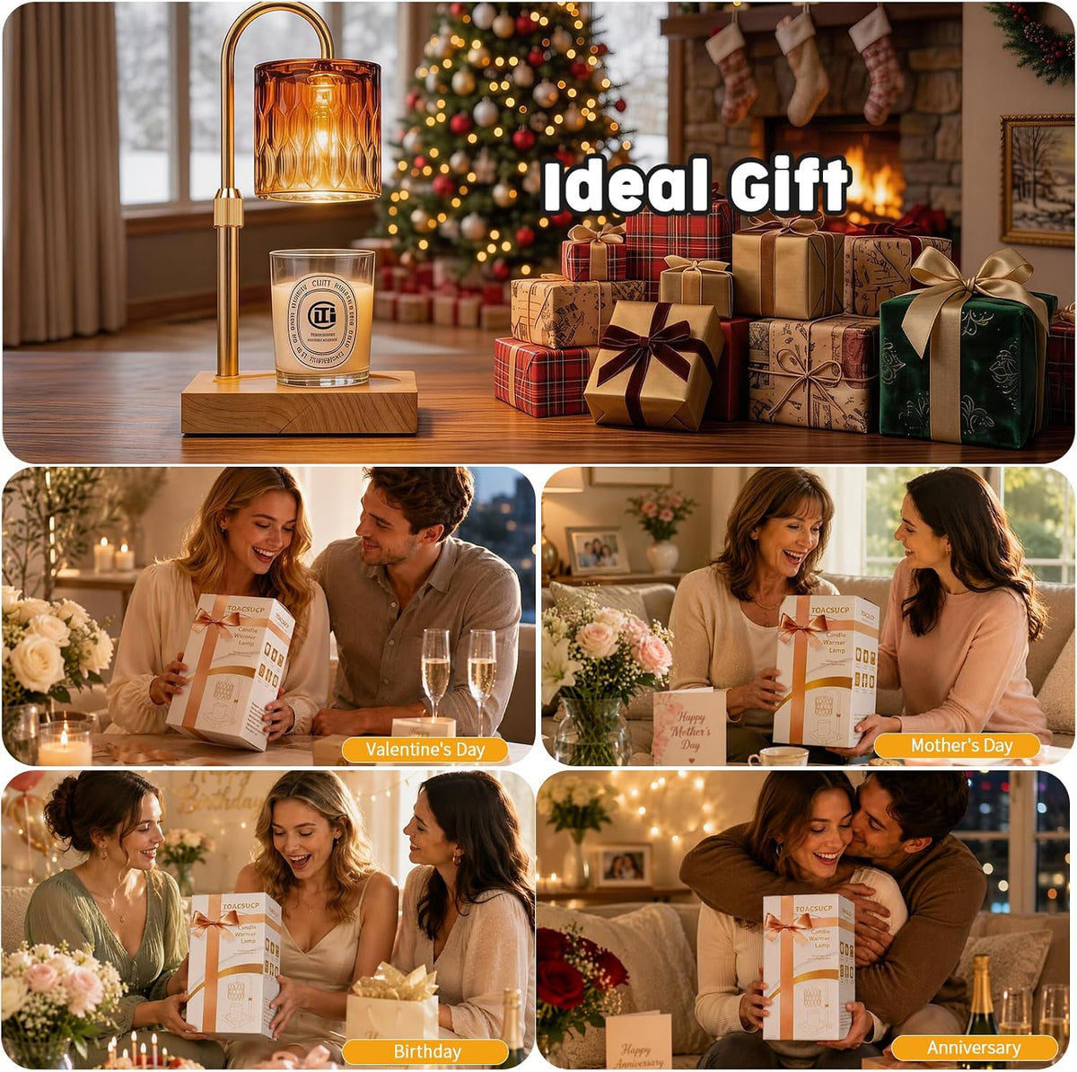 Candle Warmer Lamp with 3 Bulbs, Adjustable Height Dimmable Candle Warmer with Timer, Candle Lamp with Charming Gift Box Ribbon,Birthday Gifts for Women Mom, House Warming Gifts New Home Decor