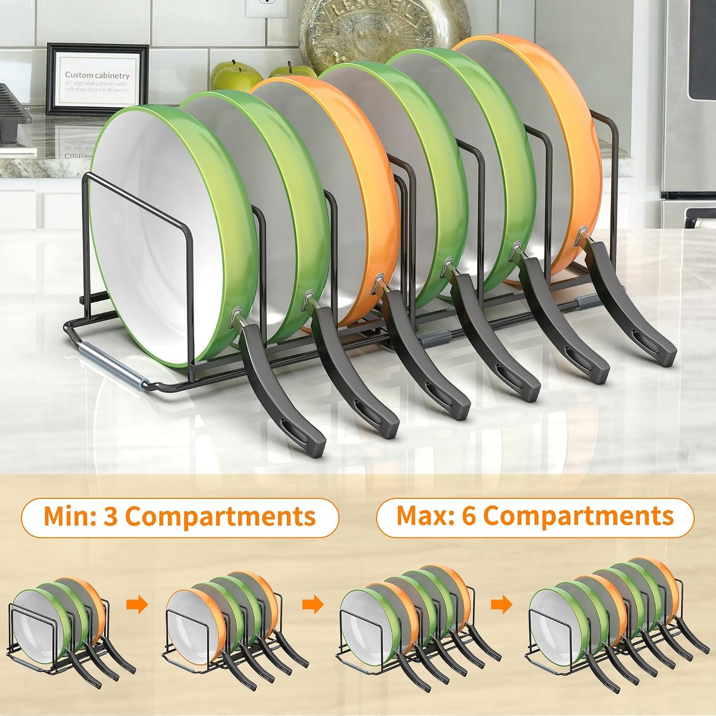 Adjustable 2.2in Pan Organizer Rack | For Pots, Pans, Cutting Boards, Cookie Sheets & Muffin Pans, 6 Slots, Non-Slip
