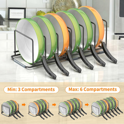 Adjustable 2.2in Pan Organizer Rack | For Pots, Pans, Cutting Boards, Cookie Sheets & Muffin Pans, 6 Slots, Non-Slip