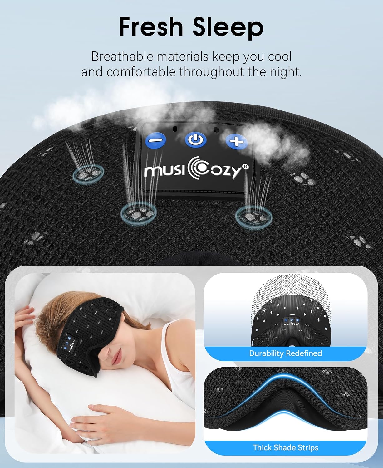 MUSICOZY Breathable Bluetooth Sleep Mask Headphones for Sleeping | Mesh Sleep Mask With Bluetooth 5.4 Audio, Soft Fabric And Comfortable Fit for Side Sleepers, Travel, Meditation and Rest