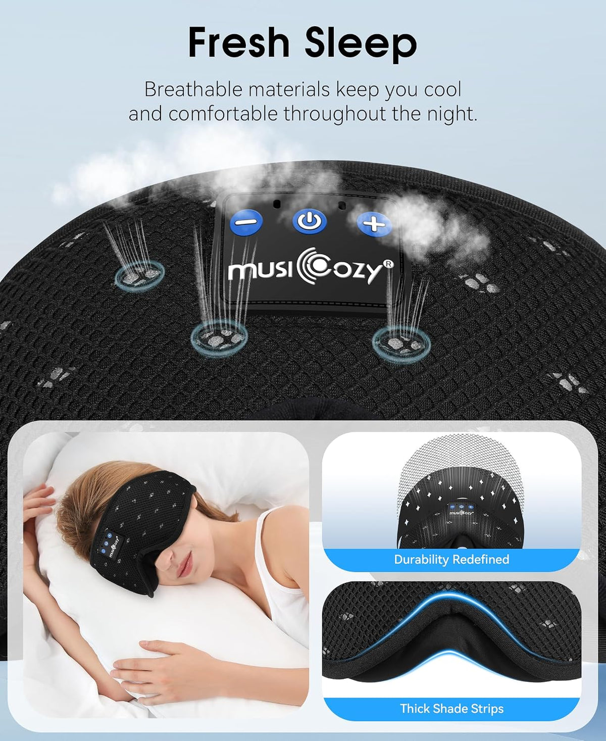 MUSICOZY Breathable Bluetooth Sleep Mask Headphones for Sleeping