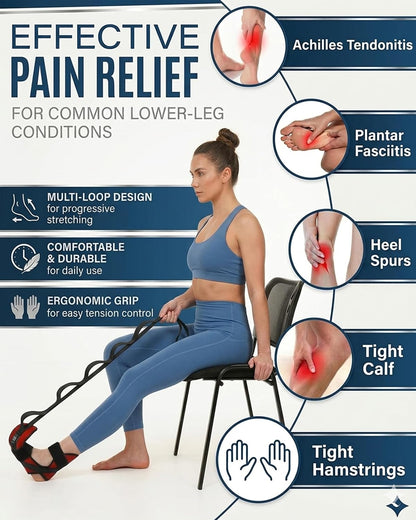 Foot & Calf Stretcher for Plantar Fasciitis Relief, Adjustable Stretching Strap & Foot Rocker Combo for Achilles Tendon, Heel Pain, Hamstring & Muscle Recovery – Physical Therapy Stretching Device for Home Use