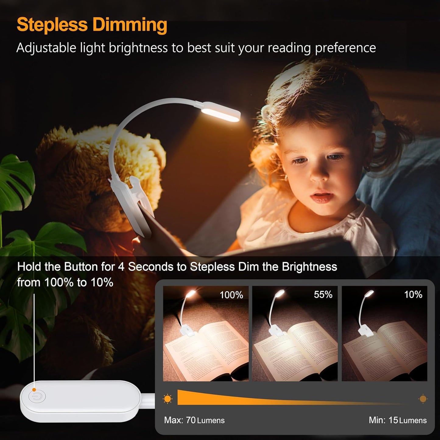 Gritin 16 LED Rechargeable Book Light for Reading in Bed | Eye Caring 3 Color Temperatures,Stepless Dimming Brightness,80 Hrs Runtime,Lightweight Flexible Clip on Light for Book Lovers