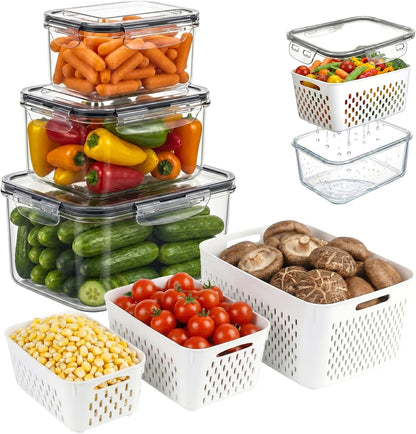 Vegetable Containers for Fridge, Stay Fresh Fruit Vegetable Storage Containers with Lid and Removable Colander, Stackable Vegetable Storage for Berry Salad Lettuce Vegetables Meat Various Food, 3PCS