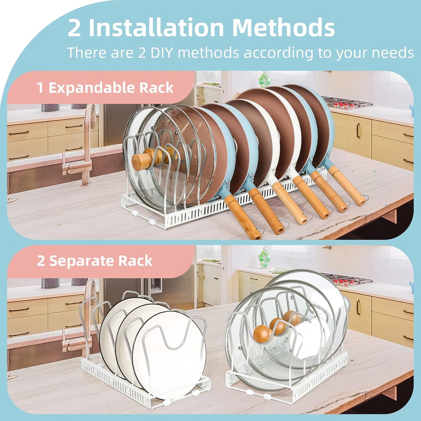 ROOHUA Pot and Pan Lid Organizer Rack for Under Cabinet, 12"-23" Expandable | 10 Adjustable Dividers, Holds Pan Lids, Cookware & Bakeware, Creates Tidy Cabinet Storage, Durable Metal, Bronze