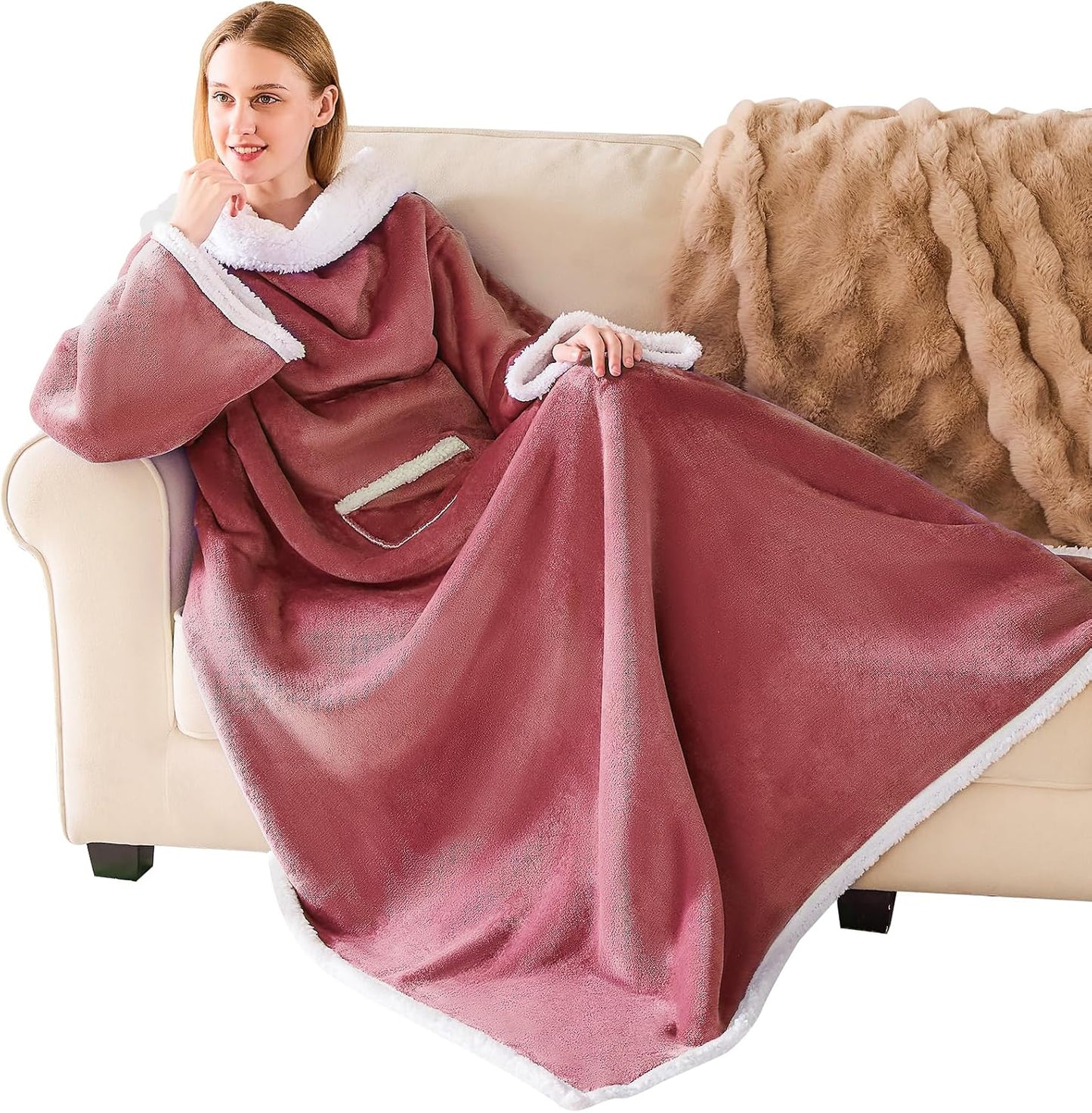 IFNOW Sherpa Wearable Blanket with Sleeves, Oversized Snuggle Robe, Purple | 430GSM Thick, 55x69", Big Pocket, TV Blanket,Fall Winter Dorm Essentials or Office, Christmas Birthday Gifts for Women Men