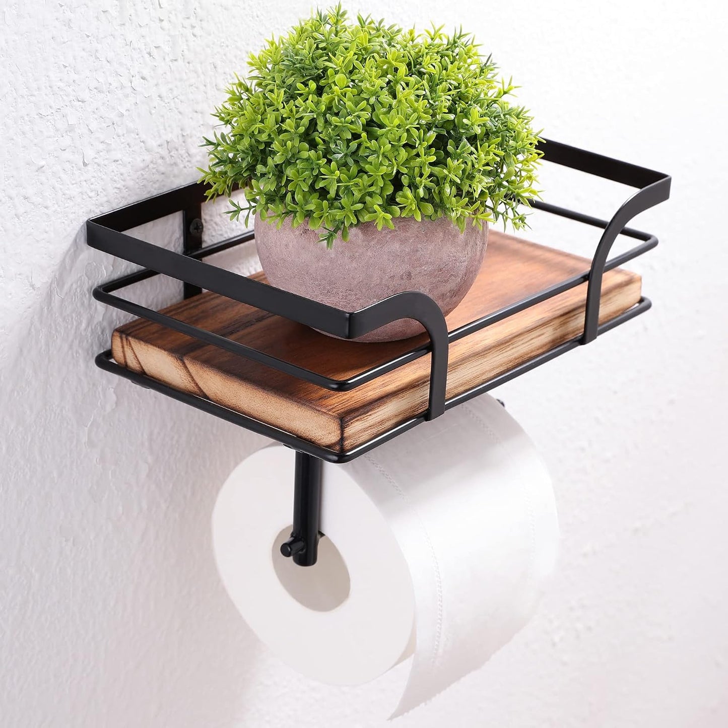 Rustic Farmhouse Toilet Paper Holder with Shelf - Farmhouse Bathroom Rustic Country Decor - Rustic Bathroom Accessories with Warm Brown Wood Shelf for Wipes&Cell Phone&Reading, Black Metal