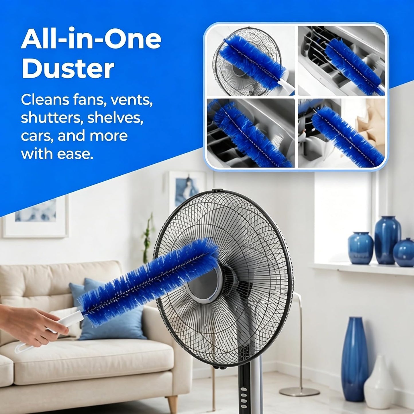 Fan Cleaning Brush – Bendable Microfiber Duster, Reusable Dust Remover, Washable, for Electric Fans, Air Conditioning, Blinds, Vents, Car & Home Use，Blue：2