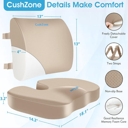 CushZone Ergonomic Seat Cushion & Lumbar Support Pillow - Memory Foam for Sciatica Pain Relief & Posture Correction, Non-Slip Chair Cushions for Office Chair/Car/Wheelchair/Travel (Black)
