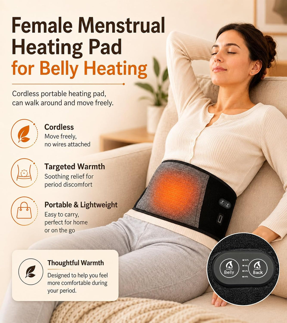Heated Waist Belt, Cordless Lower Back Heating Pad, Black