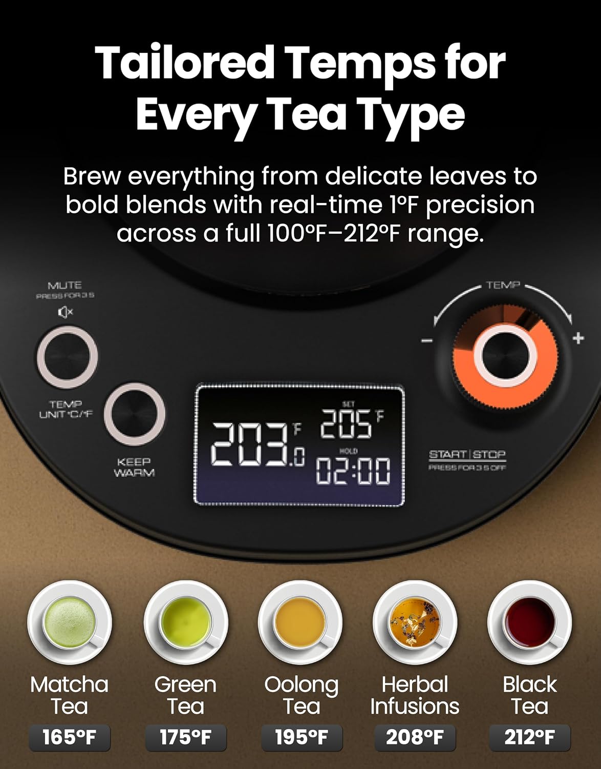 Viante Alba Electric Tea Kettle With Infuser, No Plastic, 1.5L | Borosilicate glass & 304 stainless steel construction. 4 temp presets, keep-warm, cordless, auto shut-off