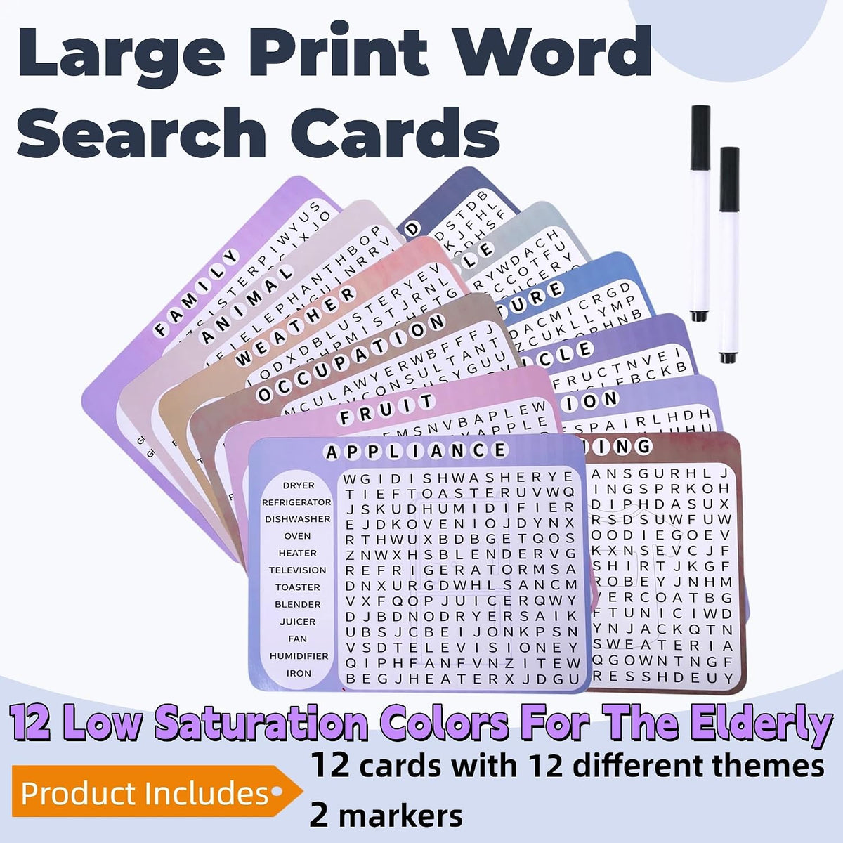 12 or 36 Pcs Reusable Word Search Cards for Dementia Game-Dementia Activities for Seniors with Alzheimer's-Elderly Alzheimer's Toys-Large Print Word Search Books (12 Reusable Word Search Card)