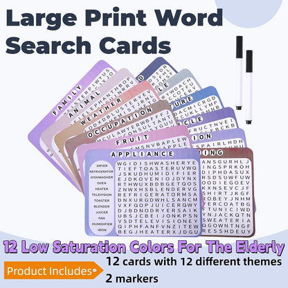 12 or 36 Pcs Reusable Word Search Cards for Dementia Game-Dementia Activities for Seniors with Alzheimer's-Elderly Alzheimer's Toys-Large Print Word Search Books (12 Reusable Word Search Card)