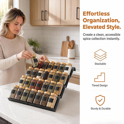 8 Pack Expandable Spice Drawer Organizer Tray Insert for Kitchen | Holds 32 jars, 4 tier steps, tool-free assembly, easy clean surface